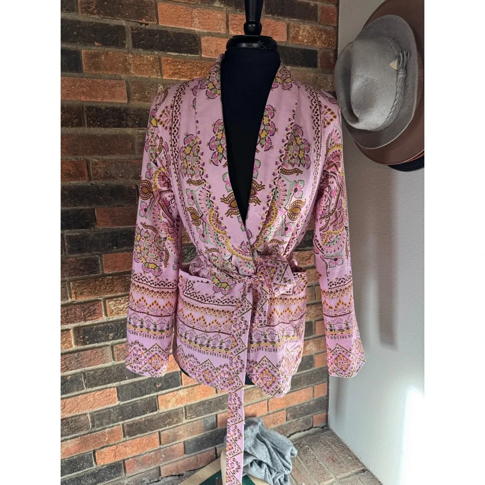 Fate Pink Paisley Print Wrap Jacket Blazer Tie Waist Women's‎ Small